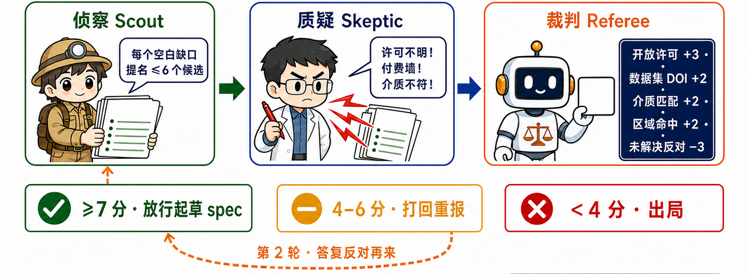 新数据来源的对抗审计：侦察提名、质疑挑刺、裁判打分