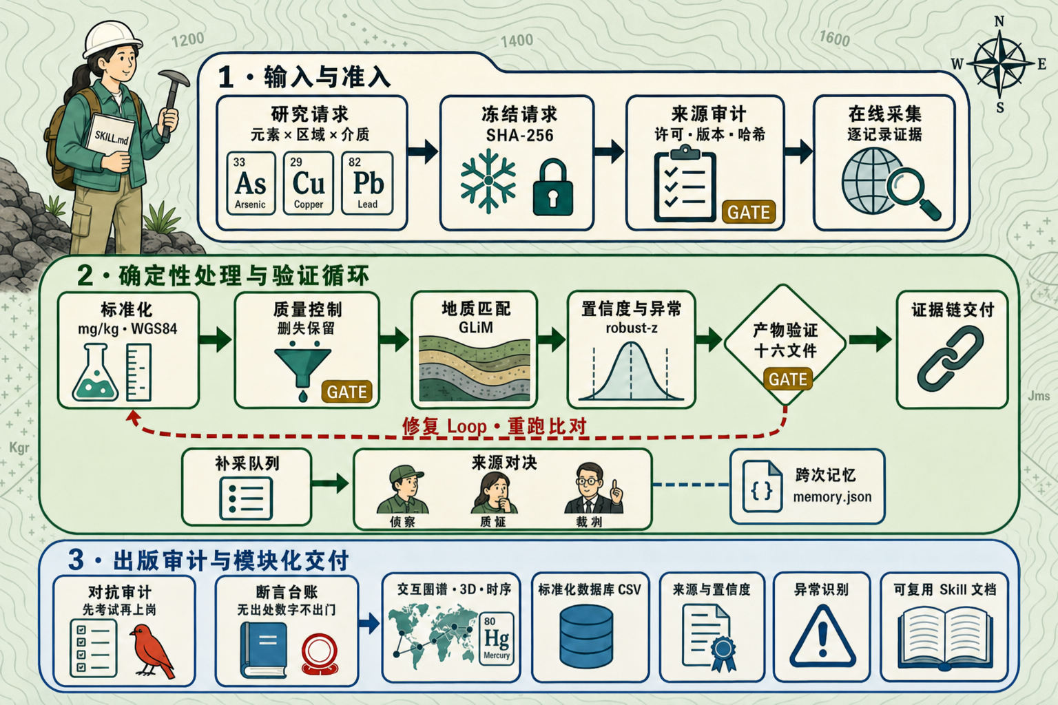 Skill 机制总图：输入与准入、确定性处理与验证循环、出版审计与模块化交付
