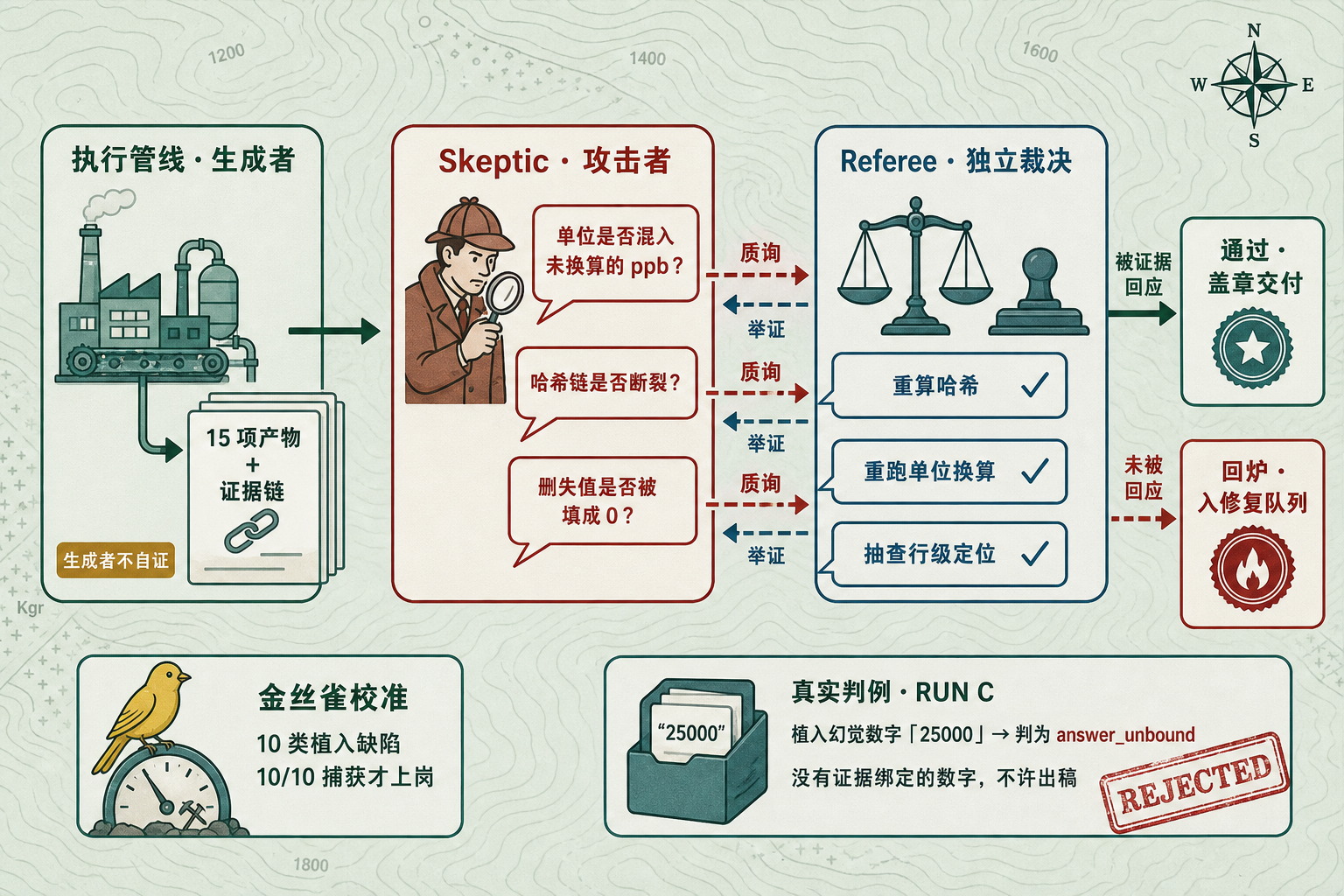 对抗式审计交互：生成者不自证 → Skeptic 质询 ⇄ Referee 举证裁决 → 通过盖章或回炉入队；金丝雀校准与 RUN C 真实判例