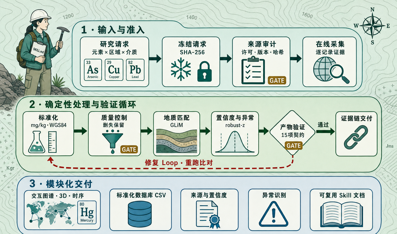 Skill 设计总览：输入与准入 → 确定性处理与验证循环 → 模块化交付